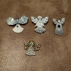 3 Vintage Silver Angel Broaches & 1 Gold Rhinestone Angel
